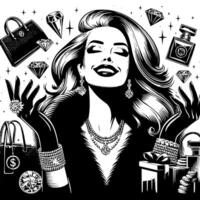 Preto e branco ilustração do uma por sorte luxuoso compras senhora com bolsas e diamantes e perfume vetor