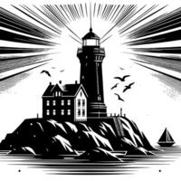 Preto e branco ilustração do uma tradicional velho farol em a pedras vetor