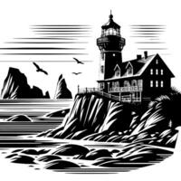 Preto e branco ilustração do uma tradicional velho farol em a pedras vetor