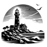 Preto e branco ilustração do uma tradicional velho farol em a pedras vetor