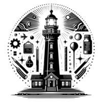 Preto e branco ilustração do uma tradicional velho farol em a pedras vetor