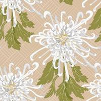 crisântemo é a flor nacional do japão. sem costura padrão floral com crisântemo branco sobre fundo bege com um ornamento de ouro no pano de fundo. ilustração vetorial de estoque vetor