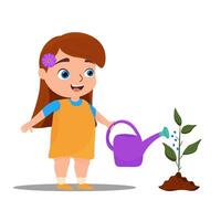 uma fofa pequeno menina é rega uma plantar. agricultor, jardineiro. vetor