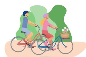 uma agradável mulher e uma homem estão equitação uma bicicleta dentro a parque. verão ou Primavera ciclismo viagens. uma dia sem uma carro. saudável estilo de vida. ilustração vetor