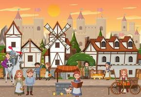 cidade medieval com cena do pôr do sol com moradores