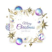 Feliz Natal e feliz ano novo feriado ilustração bandeira branca. projeto do Natal com objetos 3d realistas do vetor, bola dourada do natal, floco de neve, confetes de ouro glitter. vetor