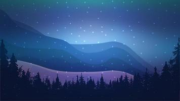 paisagem noturna de inverno com montanhas, floresta, neve e aurora boreal vetor