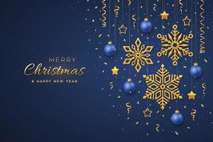 fundo azul do Natal com bolas e estrelas douradas brilhantes dos flocos de neve de suspensão. cartão de feliz Natal. cartaz de férias de Natal e ano novo, banner da web. ilustração vetorial. vetor