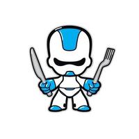 ilustração de um robô. vetor. personagem robô do futuro com uma faca e um garfo. mascote para um cyber café ou restaurante. herói para fast food espacial. emblema para a comida do futuro. vetor
