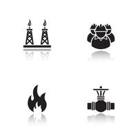 conjunto de ícones de sombra preta da indústria de gás. trabalhadores industriais, válvula de gasoduto, sinal inflamável, plataforma de gás. ilustrações vetoriais isoladas vetor
