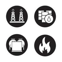 conjunto de ícones da indústria de petróleo. plataforma de petróleo, barris e armazenamento, sinal inflamável. Ilustrações vetoriais de silhuetas brancas em círculos pretos vetor