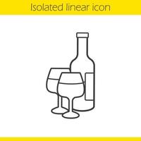 ícone de vinho linear. ilustração de linha fina. garrafa de vinho e copos. símbolo de contorno. desenho de contorno isolado de vetor