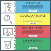 conjunto de modelos de banner do laboratório de ciências. fácil de editar. copo, ciência molecular e análise, suporte de anel com frasco. itens de menu do site. banner de cor da web. conceitos de design de cabeçalhos de vetor