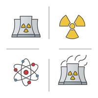 conjunto de ícones de cores de energia atômica. usina nuclear com símbolos de fumaça, radiação e átomo. ilustrações vetoriais isoladas vetor