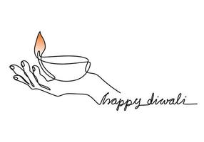 contínua uma linha desenhando as mãos de diwali segurando uma vela de lâmpada vetor