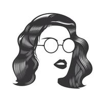rosto de mulher com penteados vintage para cabelos longos e ilustração em linha de vetor de óculos de sol.