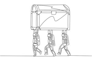 solteiro 1 linha desenhando grupo do astronautas trabalhos juntos carregando Tesouro peito. valioso descobertas a partir de a lua. inestimável. Diversão expedição. astronauta. contínuo linha Projeto gráfico ilustração vetor