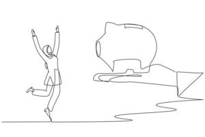 solteiro contínuo linha desenhando jovem árabe empresária feliz para pegue uma porquinho banco a partir de gigante mão. investimento valor continuou para aumentar. uma satisfatório sucesso. 1 linha Projeto ilustração vetor