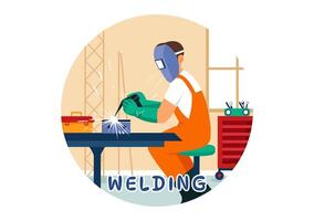 Soldagem serviço ilustração com profissional soldador trabalho soldar metal estruturas, tubo e aço construção dentro plano desenho animado fundo vetor