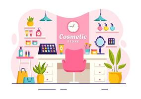 cosméticos loja ilustração com menina cuidados com a pele, Cosmético, perfume, Maquiagem e beleza produtos escolha dentro dentro plano desenho animado fundo vetor