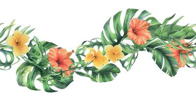 tropical Palma folhas, monstera e flores do plumeria, hibisco, brilhante suculento. mão desenhado aguarela botânico ilustração. desatado fronteira é isolado a partir de a fundo. vetor