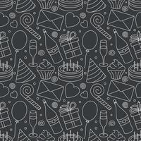 feliz aniversário padronizar. desatado aniversário fundo. ilustração com bolo, presente caixa, festa chapéu, balões. vetor