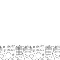 feliz aniversário quadro. desatado aniversário fundo. ilustração com bolo, presente caixa, festa chapéu, balões. vetor