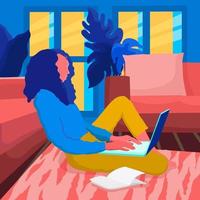 ilustração em vetor plana de uma mulher que trabalha em casa, com um laptop e um sofá. adequado para ilustrações de trabalho e estudo de atividades domésticas, trabalho remoto e espaços de trabalho confortáveis.
