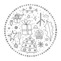 conjunto de elementos de inverno doodle. objetos desenhados à mão na forma de um círculo em um fundo branco. Feliz Natal e Feliz Ano Novo de 2022. vetor