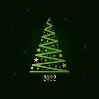 árvore de Natal verde mágica feita de fita e estrelas douradas sobre um fundo verde escuro com estrelas cintilantes. Feliz Natal e Feliz Ano Novo 2022. ilustração em vetor. vetor