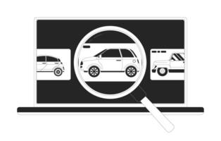 comprando carro conectados Preto e branco 2d ilustração conceito. escolhendo auto em revendedor local na rede Internet desenho animado esboço objetos isolado em branco. serviço para veículo vendendo metáfora monocromático arte vetor