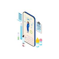 ilustração isométrica do sistema futurista de ehealth. médico dos desenhos animados, médico estudando informações de saúde do paciente na tela do smartphone. tecnologia de telemedicina. serviço de consulta médica distante vetor