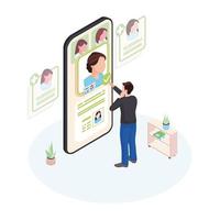 escolhendo ilustração isométrica on-line do médico. paciente selecionando o perfil do médico no personagem isolado da tela do smartphone. pessoal de telemedicina, escolha de especialistas com tecnologia de telecomunicações vetor