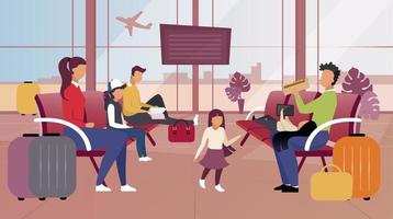 turistas em ilustração vetorial plana de aeroporto. passageiros na sala de espera esperando a partida, personagens de desenhos animados de embarque. viajantes com bagagem fazendo lanche, lendo livro, crianças brincando vetor