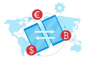 ilustração em vetor plana transferência de dinheiro. transações financeiras internacionais e conceito dos desenhos animados de taxas de câmbio. serviço de remessas. e gateway de pagamento, fintech. metáfora de pagamentos globais ponto a ponto