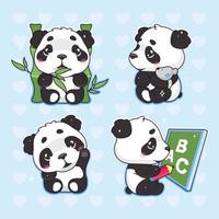 conjunto de personagens de desenhos animados de panda kawaii bonito. adorável, feliz e engraçado animal comendo bambu, acenando com a mão isolada adesivo, pacote de patches. anime bebê menino panda urso emoji em fundo azul vetor