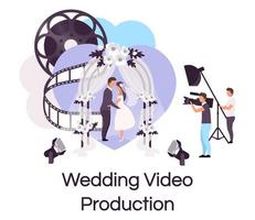 ícone de conceito plano de produção de vídeo de casamento. autocolante de videografia, fotografia e cinema, clipart. tiro de celebração de eventos pessoais. ilustração isolada dos desenhos animados no fundo branco vetor