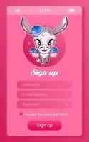 Tela do aplicativo móvel para crianças burro com personagem de desenho animado kawaii. inscreva-se, crie uma conta, jogo de menina para smartphone, maquete de aplicativo de mídia social. páginas rosa de registro de perfil de usuário com animais vetor