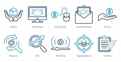 uma conjunto do 10 digital marketing ícones Como produtos, conectados comprar, pagar por clique vetor