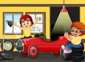 cena de garagem com crianças consertando um carro juntas vetor