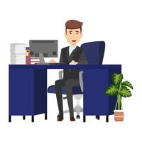Personagem freelancer de empresário fofo situado em uma mesa de escritório em casa moderna com cadeira de mesa, abajur de mesa com algumas pastas de arquivo de pilha de papel com plantas de casa isoladas no fundo branco vetor