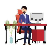 Fofo lindo empresário freelancer, situado em uma mesa de escritório em casa moderna, com uma cadeira de mesa e as plantas da casa isoladas vetor