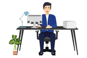 Personagem freelancer de empresário fofo situado em uma mesa de escritório em casa moderna com cadeira de mesa, abajur de mesa, computador pc com algumas pastas de arquivo de pilha de papel com plantas da casa vetor