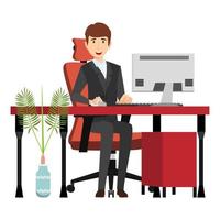 Personagem freelancer de empresário fofo situado em uma mesa de escritório em casa moderna com cadeira de mesa com plantas de casa isoladas vetor