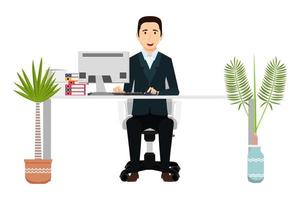 empresário freelancer sentado em uma mesa moderna bonita com uma mesa em formato de escritório e uma cadeira de computador pc com algumas pastas de arquivo de papel pilha de plantas de casa com uma expressão alegre