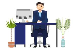 empresário freelancer sentado em uma linda mesa moderna com formato de escritório mesa e cadeira gaveta gabinete computador pc com plantas isoladas vetor