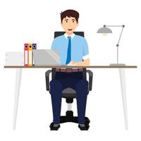 empresário freelancer sentado em uma linda mesa moderna com uma mesa e uma cadeira em formato de escritório, pc laptop, abajur com algumas pastas de arquivo de pilha de papel vetor