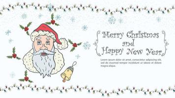 ilustração de Natal e ano novo para inscrição de saudação de projeto em um retrato de quadro de Papai Noel entre azevinho e flocos de neve vetor