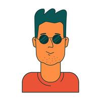 face do jovem homem dentro oculos de sol com verde cabelo dentro laranja t camisa. isolado ilustração para sites, avatar, cartão e Mais Projeto vetor