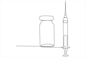 contínuo 1 linha arte desenhando do seringa agulha conceito com vacina garrafa dentro esboço vetor